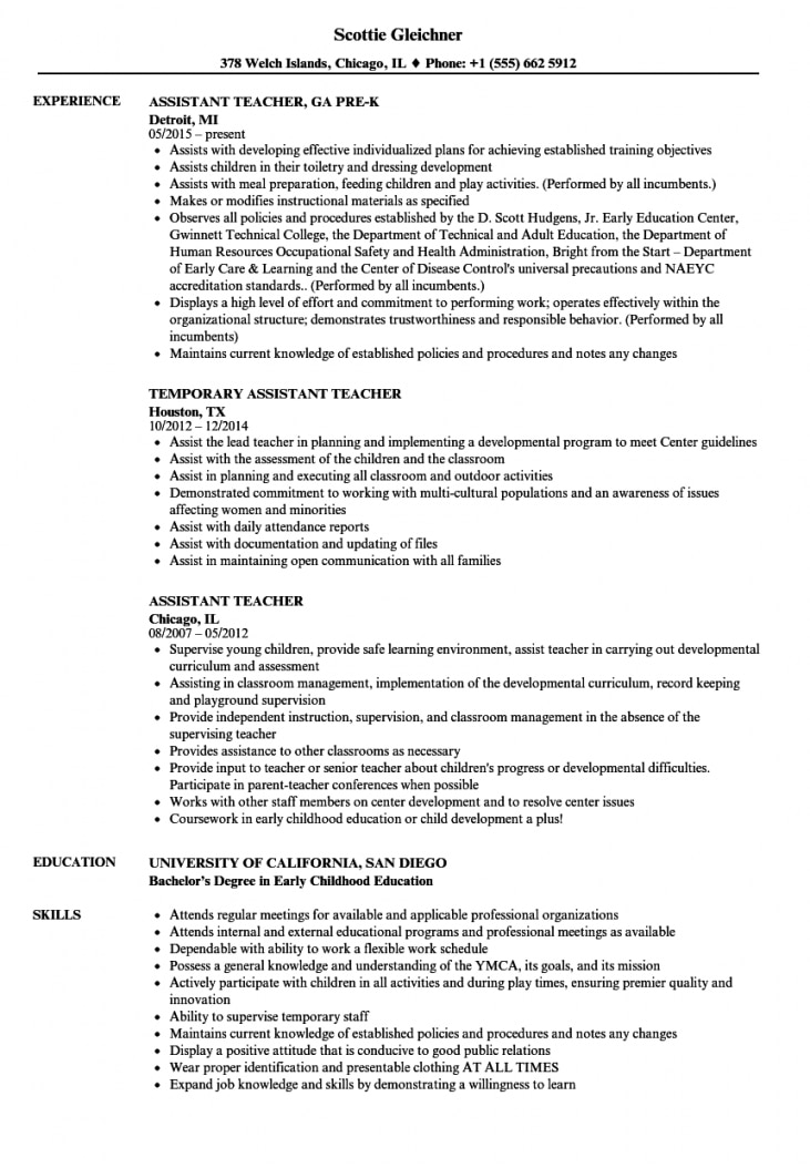 Assistant Teacher Resume Examples