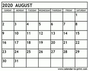 August 2020 Calendar Printable