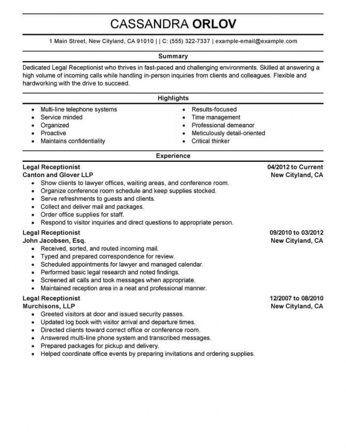 Reception Resume Examples