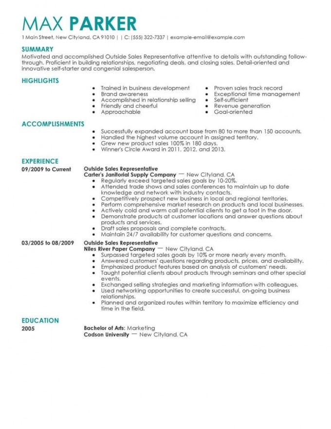 Outside Sales Representative Resume Examples