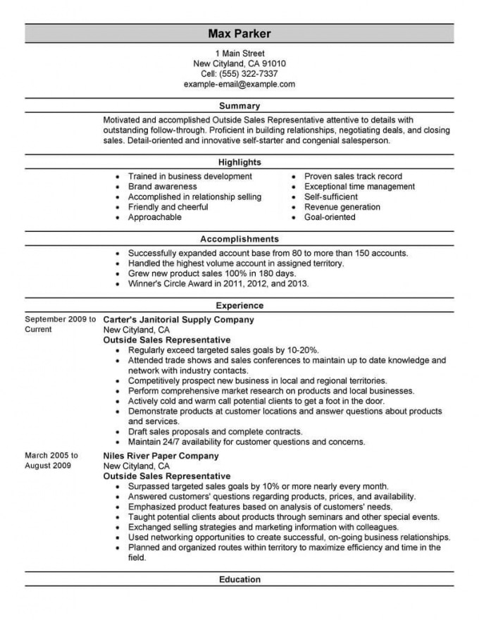 Outside Sales Representative Resume Examples