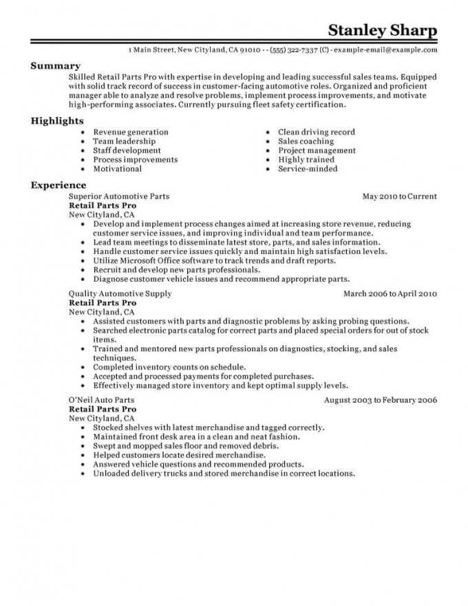 Best Retail Parts Pro Resume Example | Livecareer