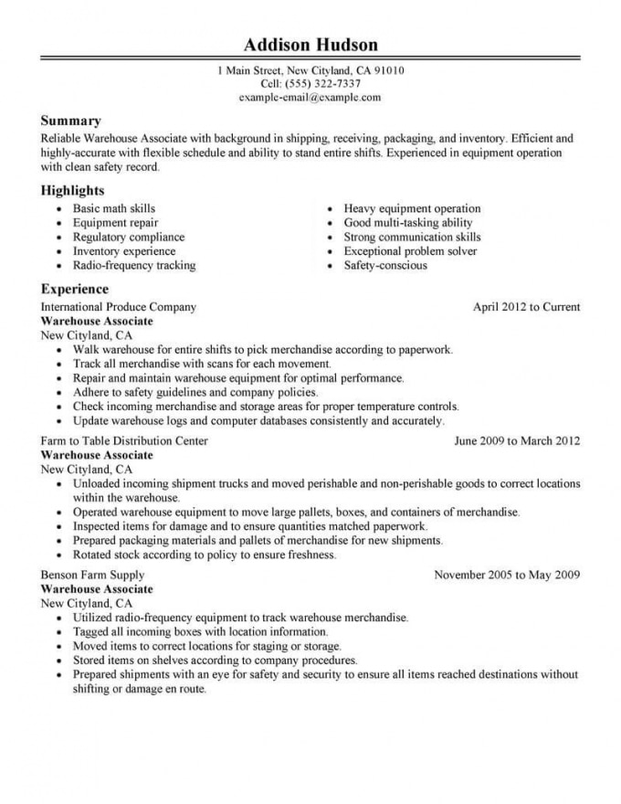 Resume Examples Warehouse Worker