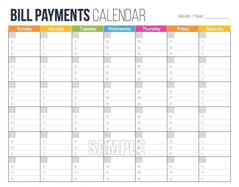 Bill Pay Calendar Printable