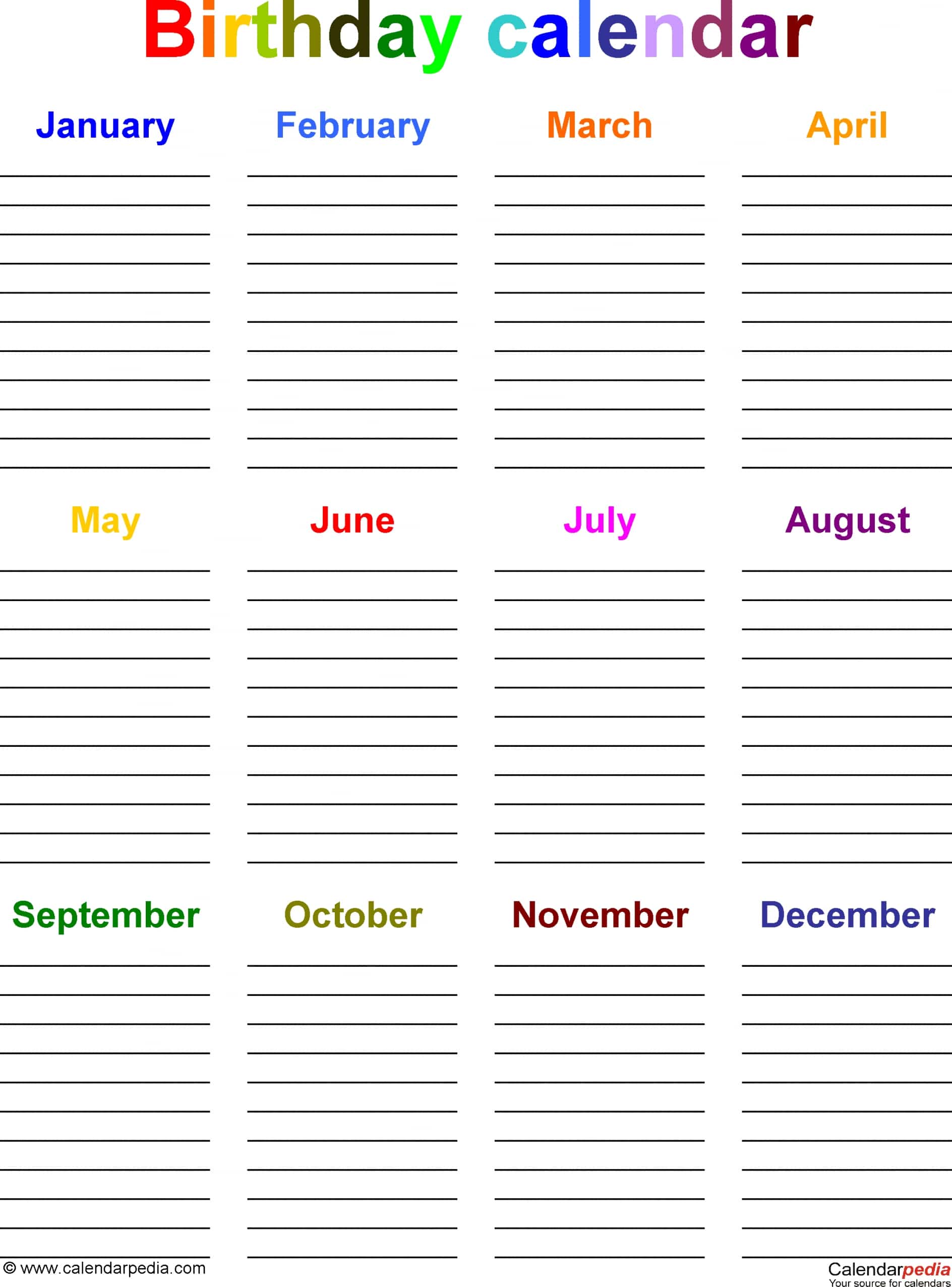 Birthday Calendars - Free Printable Microsoft Word Templates