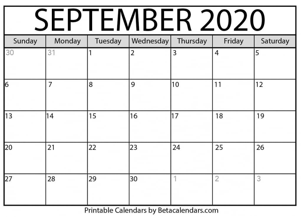 September 2020 Calendar Printable