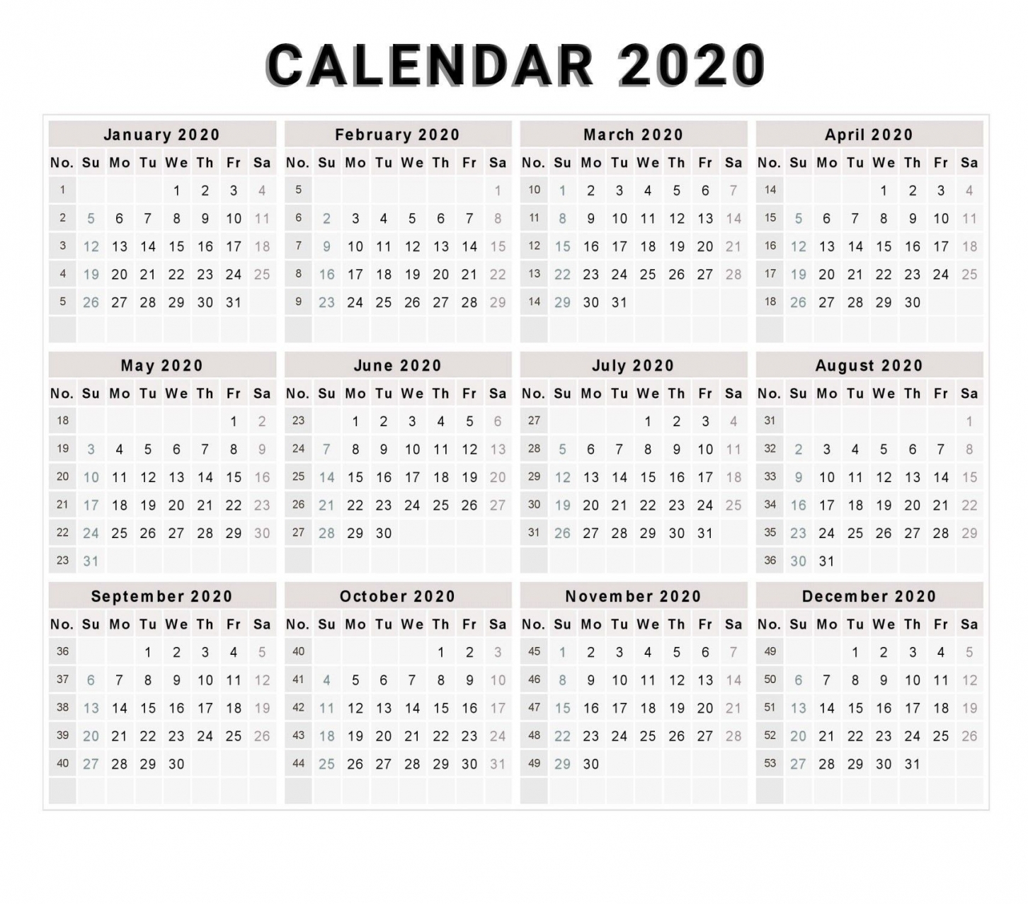 Printable A4 Calendar 2020 Printable A4 Calendar 2020
