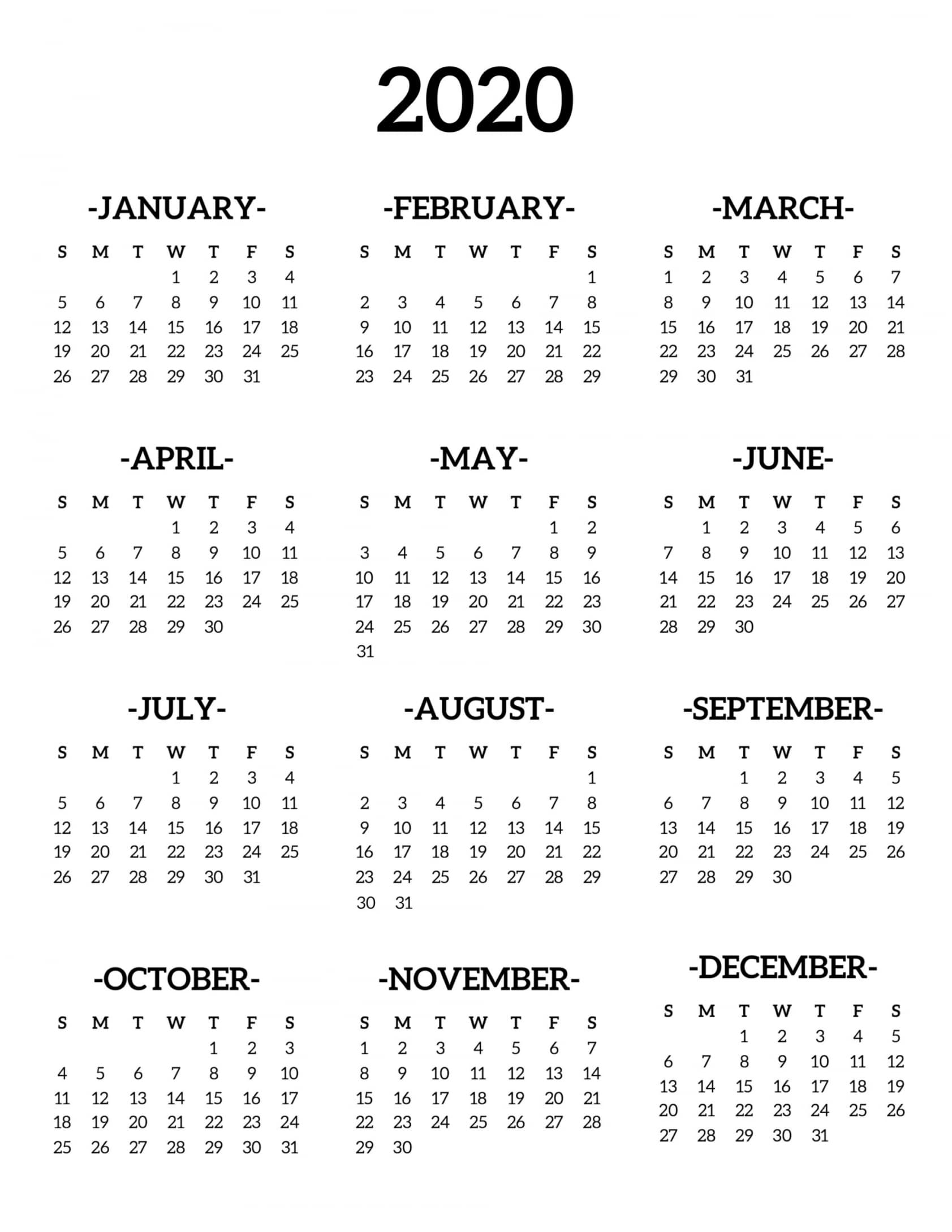 2020 Calendar Printable One Page
