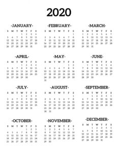 Calendar 2020 Printable One Page - Paper Trail Design