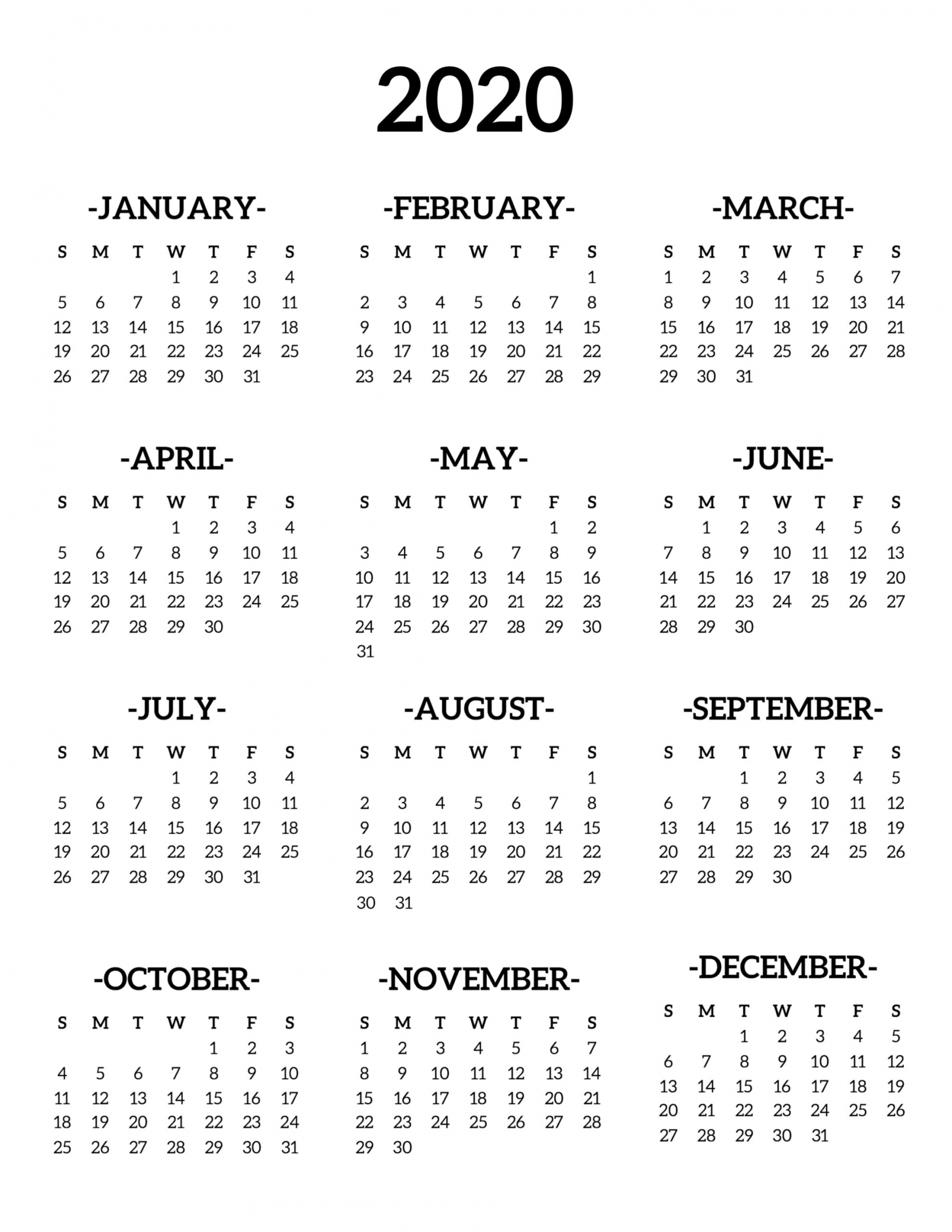 2020 Calendar One Page Printable 2020 Calendar One Page Printable