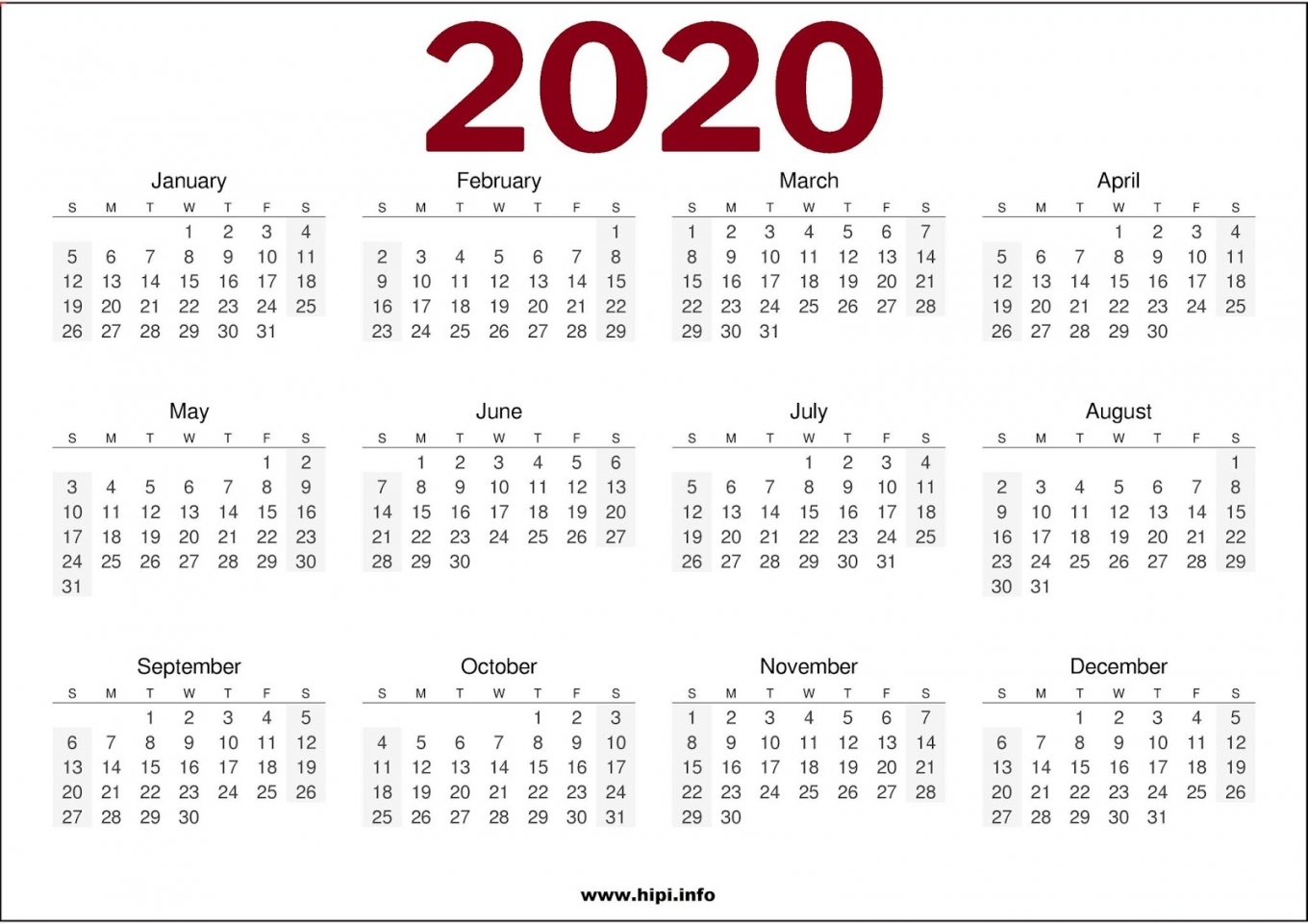 2020 Calendar One Page Printable 2020 Calendar One Page Printable