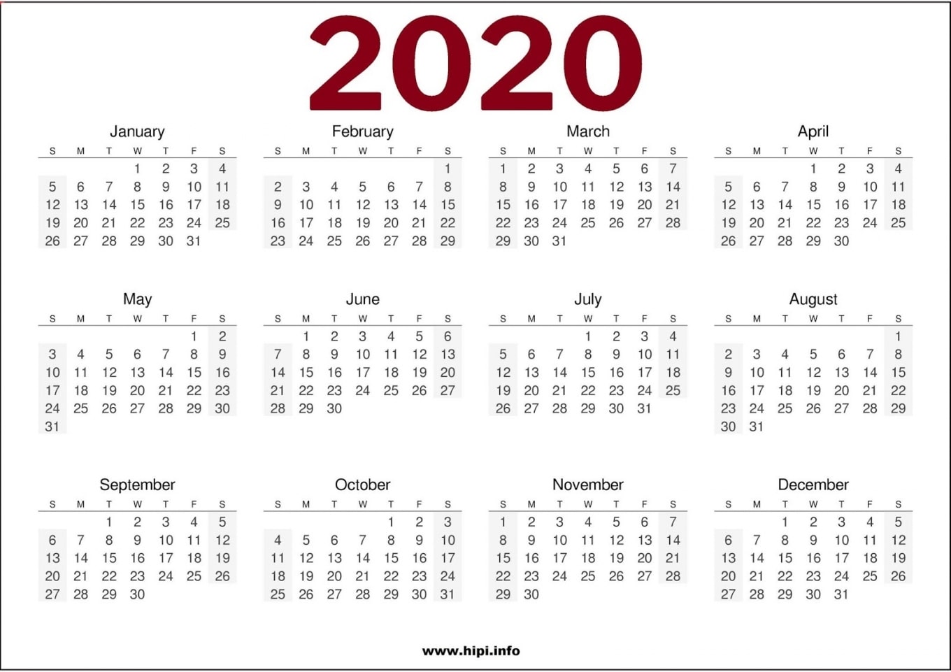 2020 Calendar Printable One Page