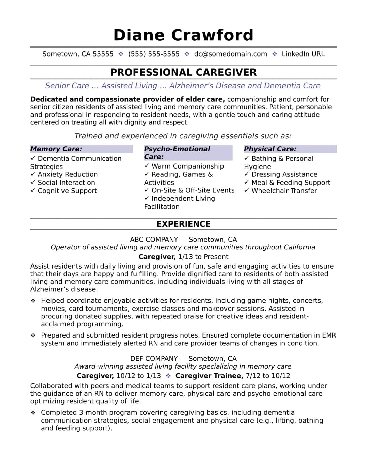 Caregiver Resume Example