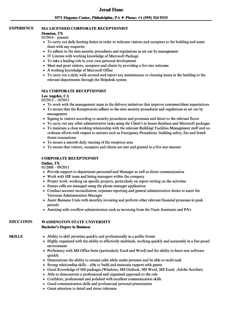 Corporate Receptionist Resume Samples | Velvet Jobs