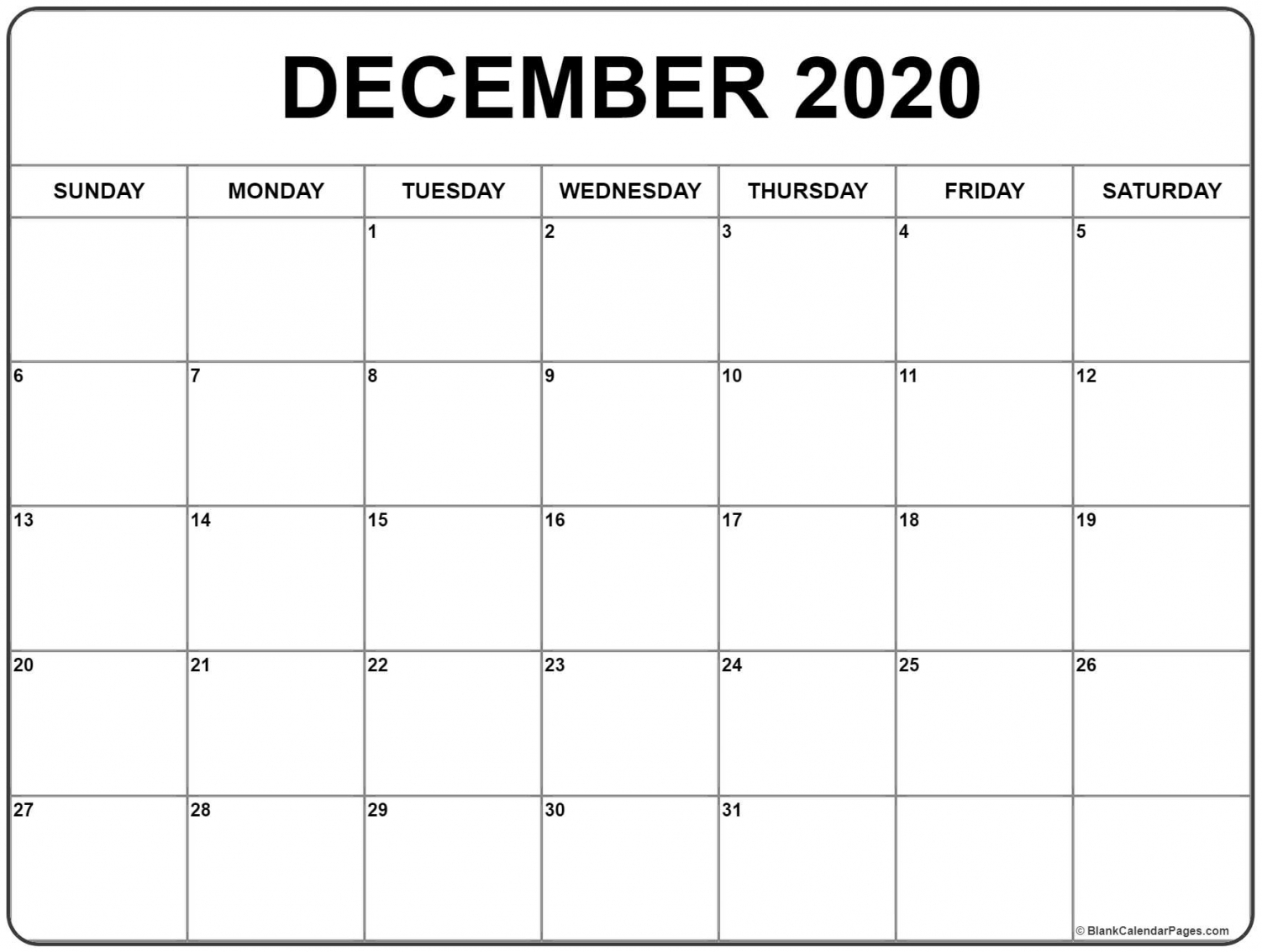 Printable December Calendar 2020