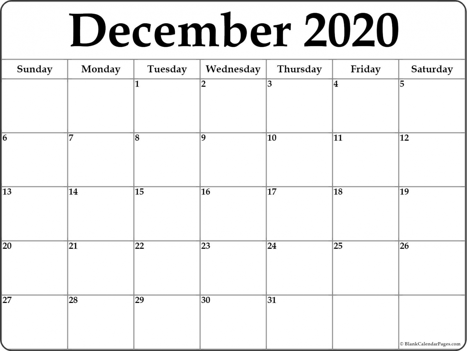 Printable December Calendar 2020 Printable December Calendar 2020