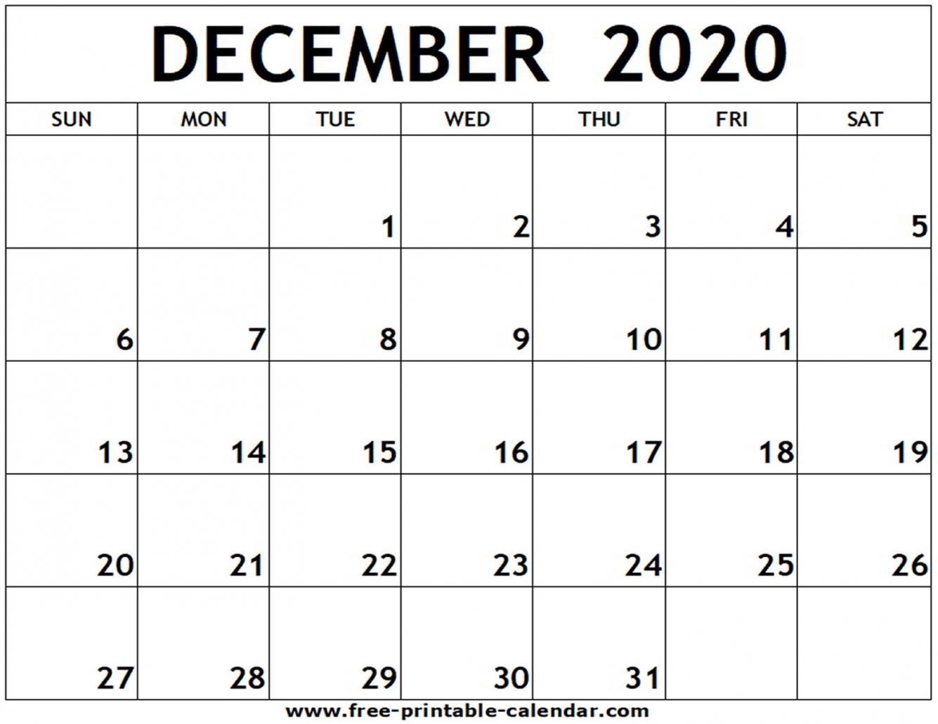 December 2020 Calendar Printable