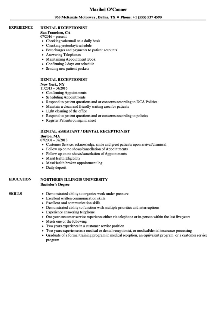 Dental Receptionist Resume Examples