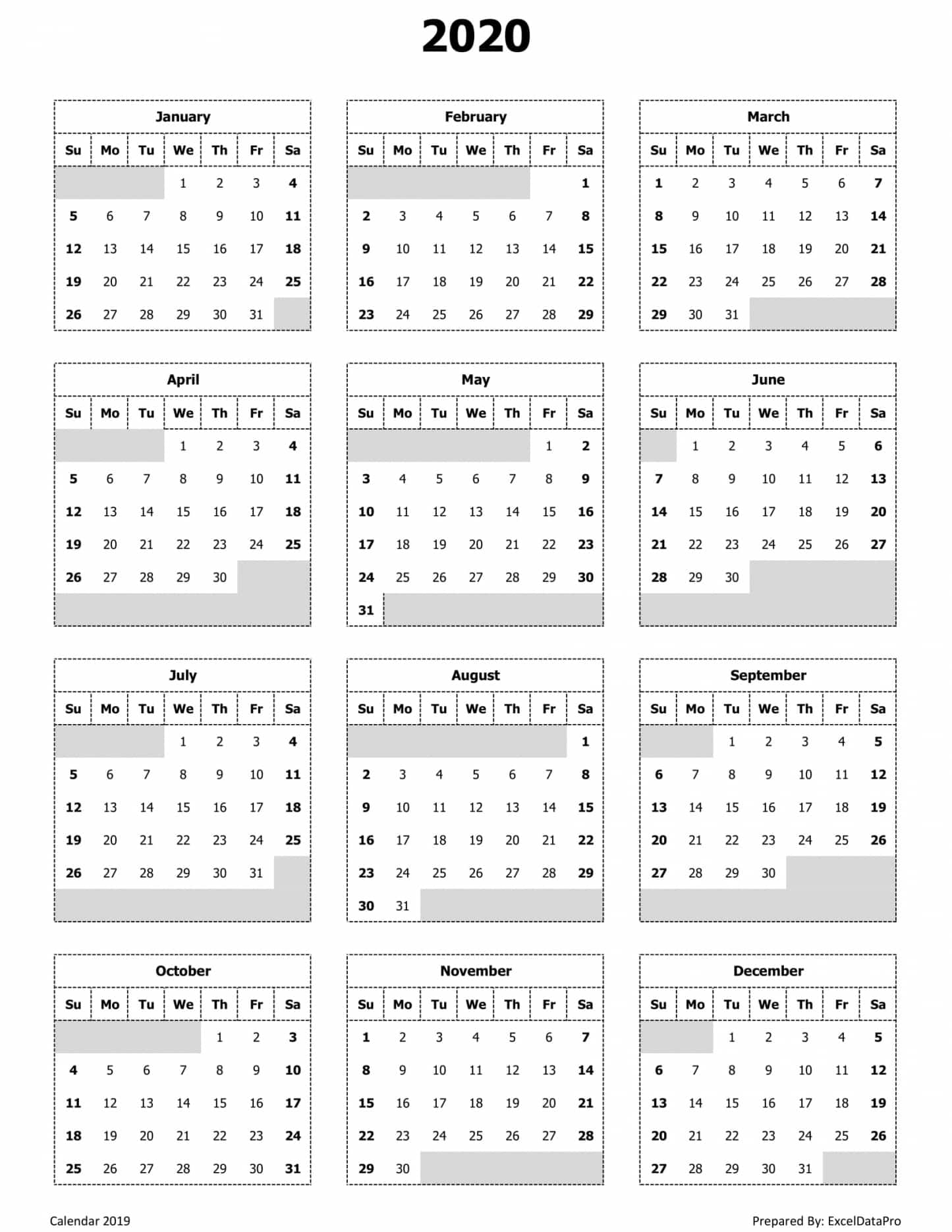 Calendar 2020 Year View Template