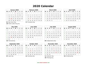 Download Blank Calendar 2020 With Us Holidays (12 Months On