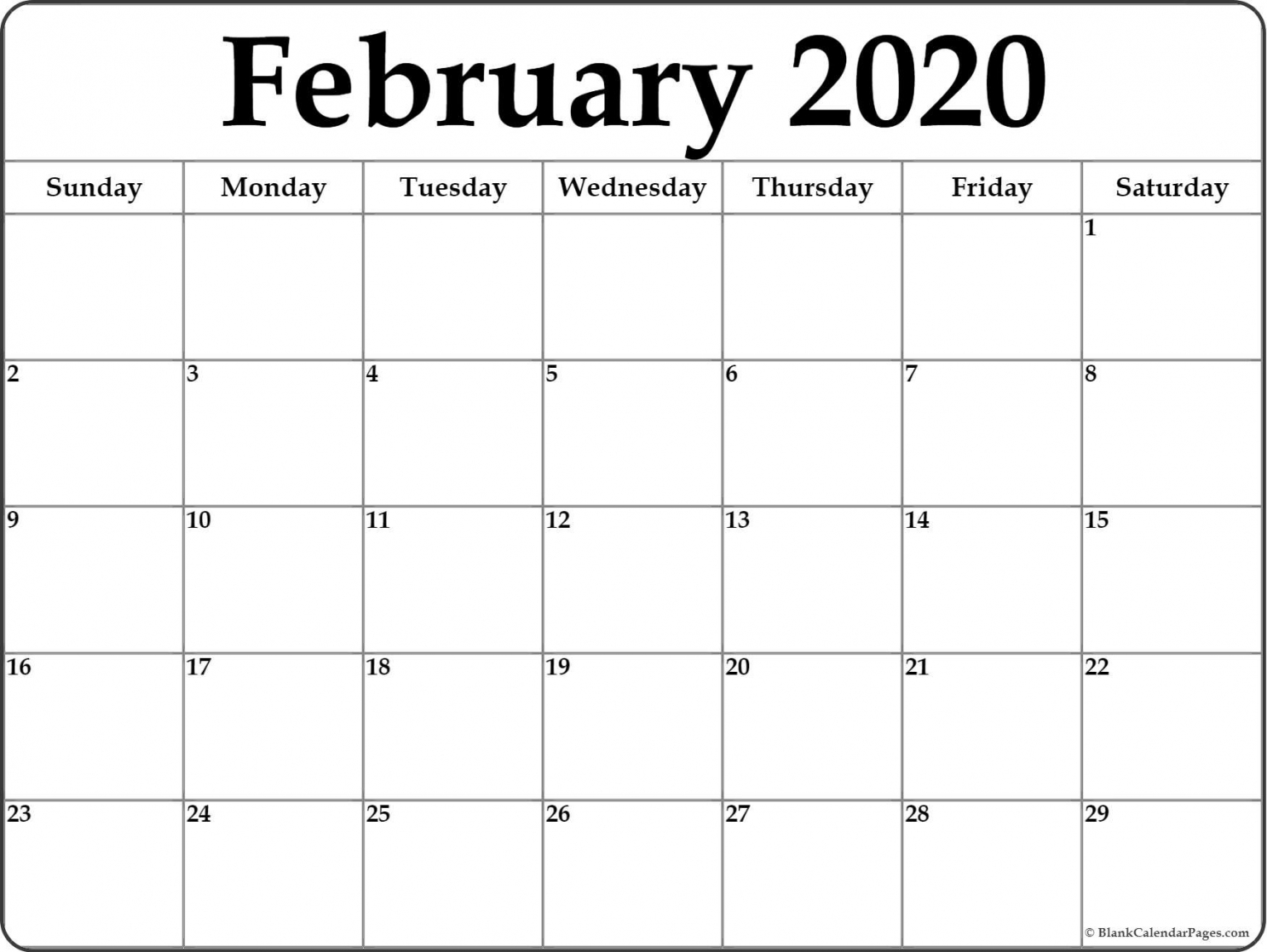2020 February Printable Calendar