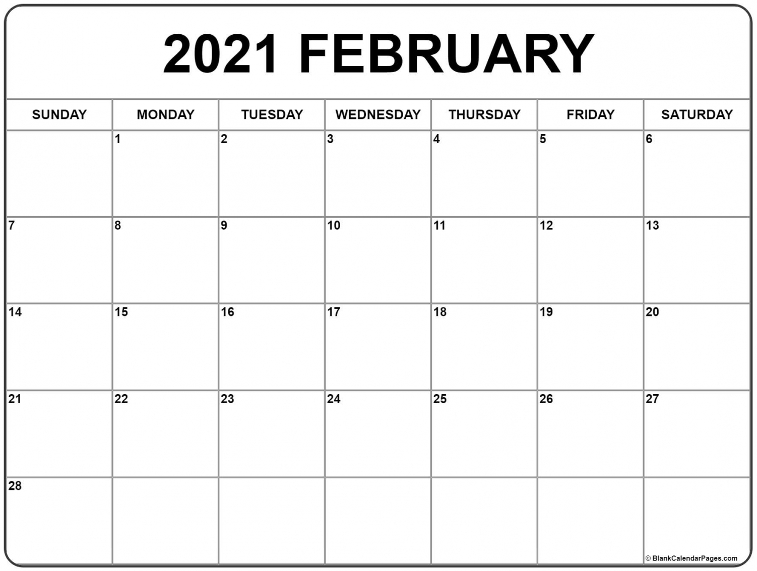 Printable Blank February Calendar 2021