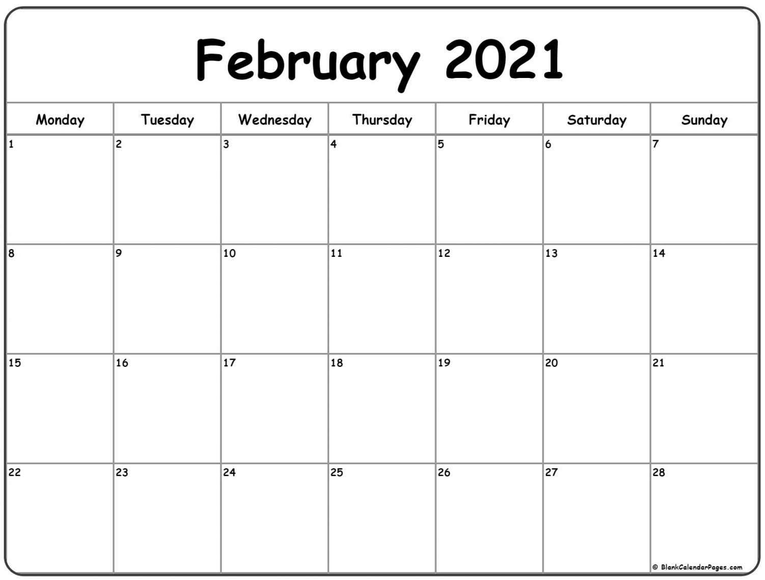 February 2021 Monday Calendar | Monday To Sunday