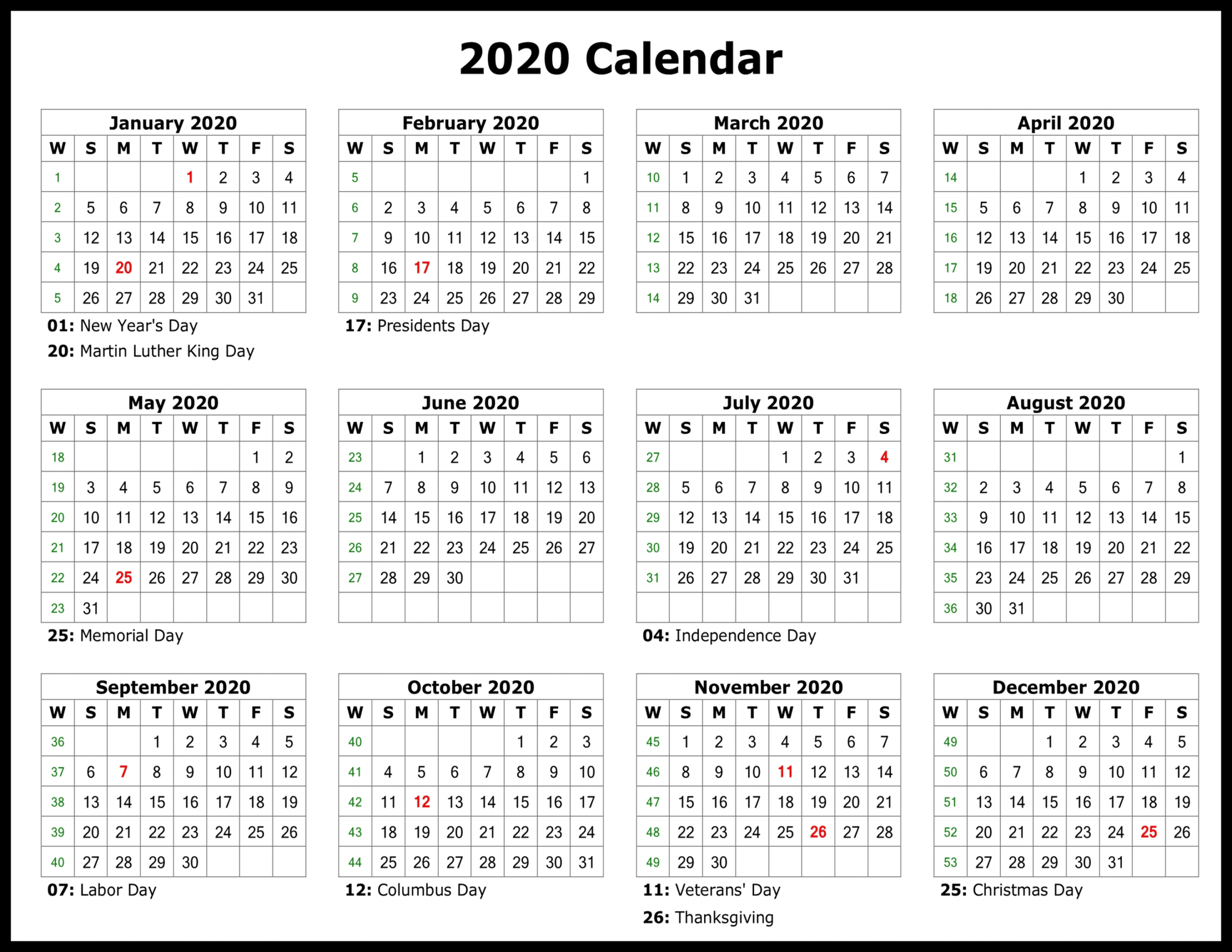 Free 2020 Yearly Printable Calendar Template | Calendar Wine