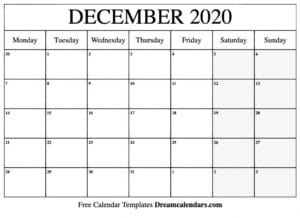 Free Blank December 2020 Printable Calendar