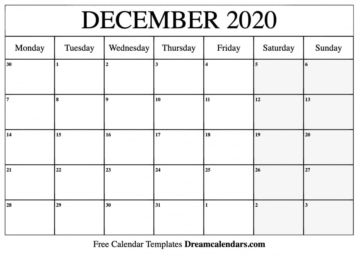 Free Blank December 2020 Printable Calendar