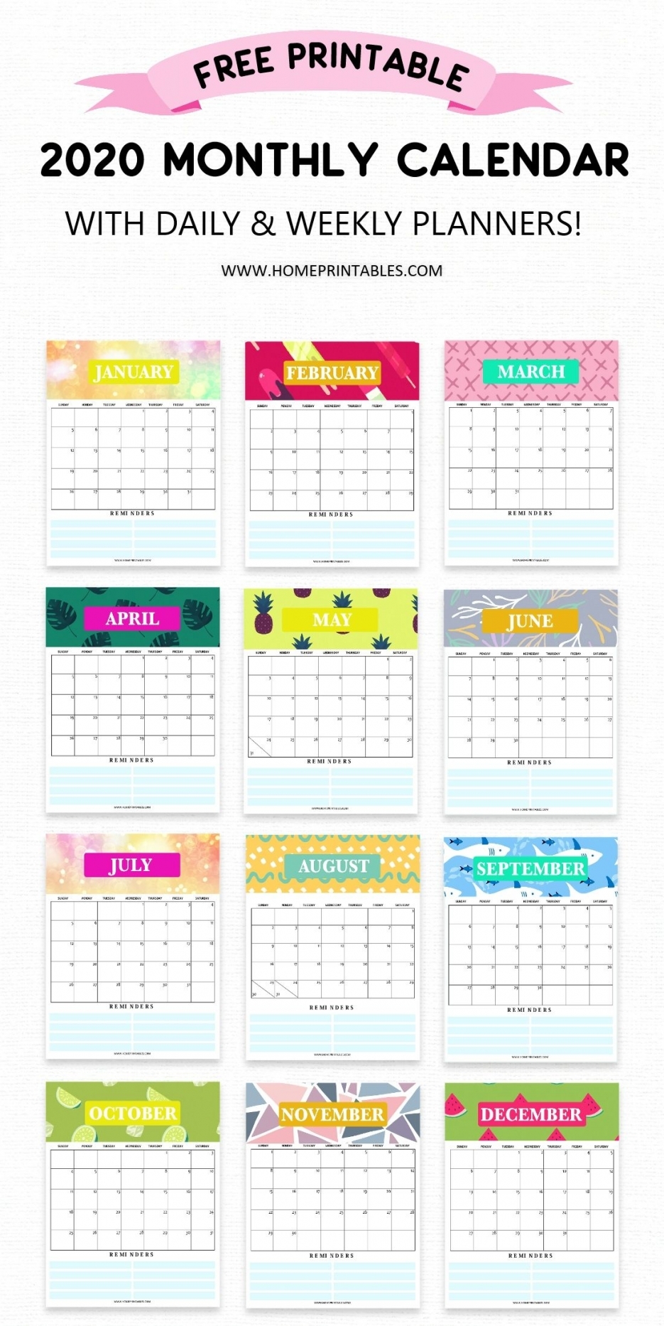 Printable 2020 Universal Monthly Calendar