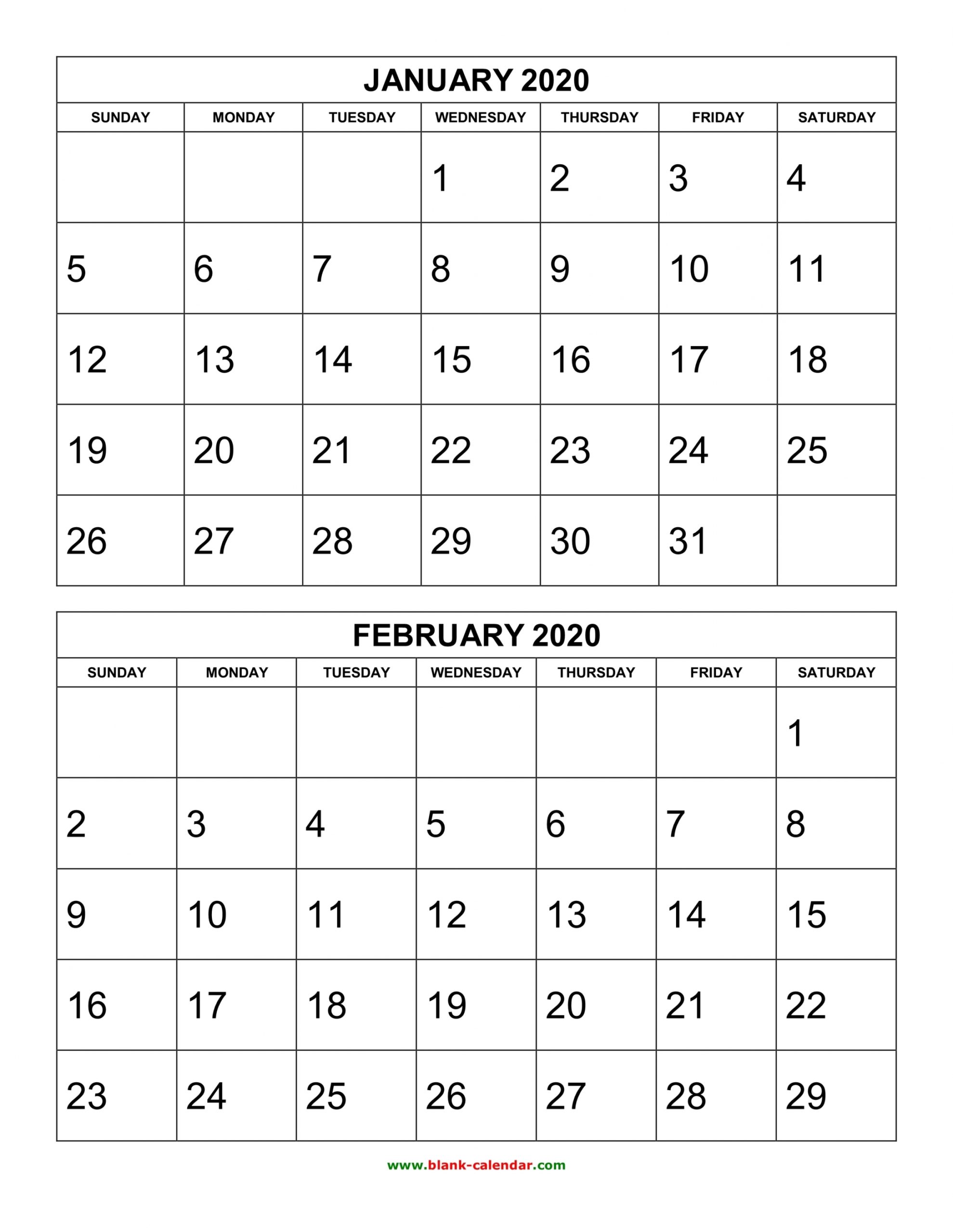 Free Download Printable Calendar 2020, 2 Months Per Page, 6