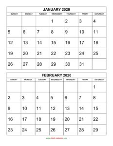 Free Download Printable Calendar 2020, 2 Months Per Page, 6