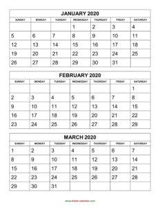 Free Download Printable Calendar 2020, 3 Months Per Page, 4