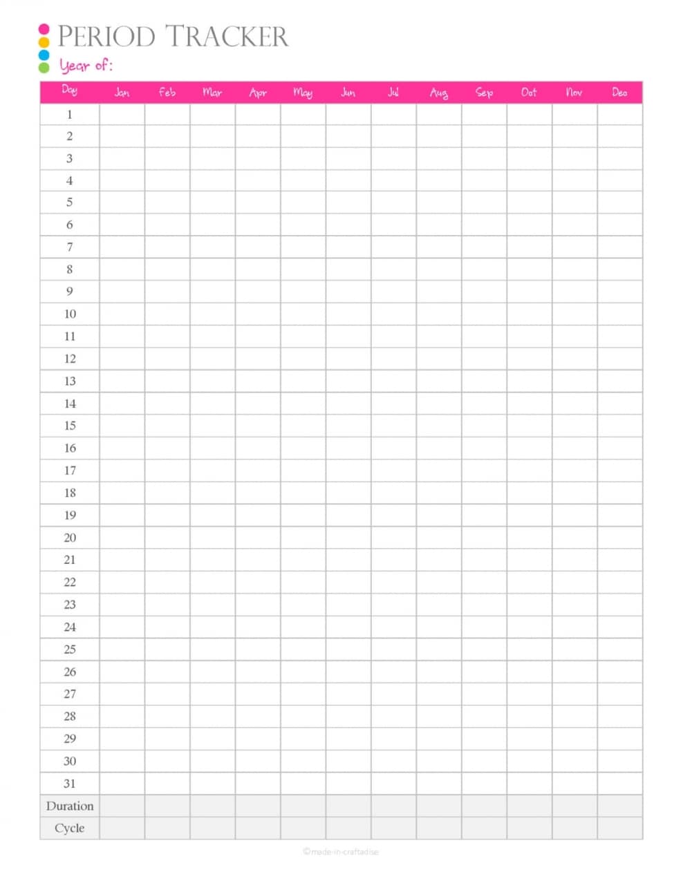 Menstrual Cycle Calendar Printable