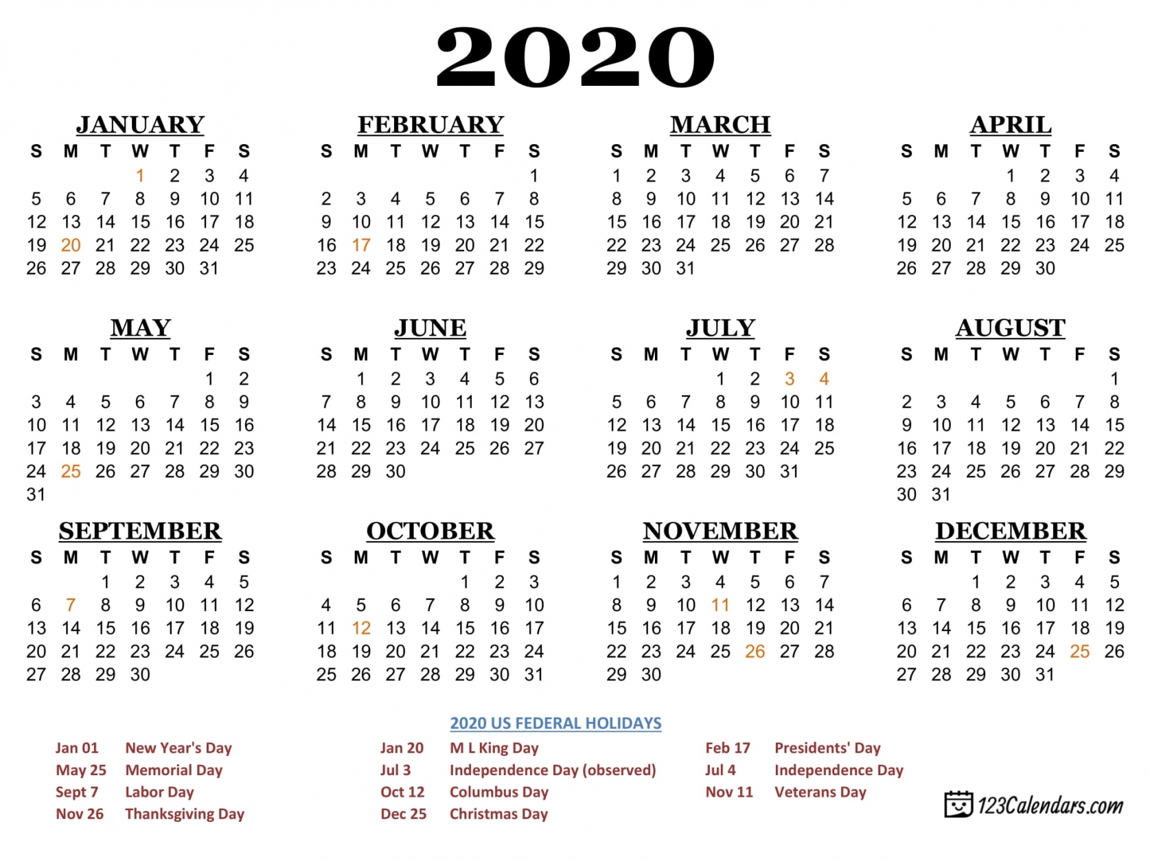 Free Printable Yearly Calendar 2020 Free Printable Yearly Calendar 2020