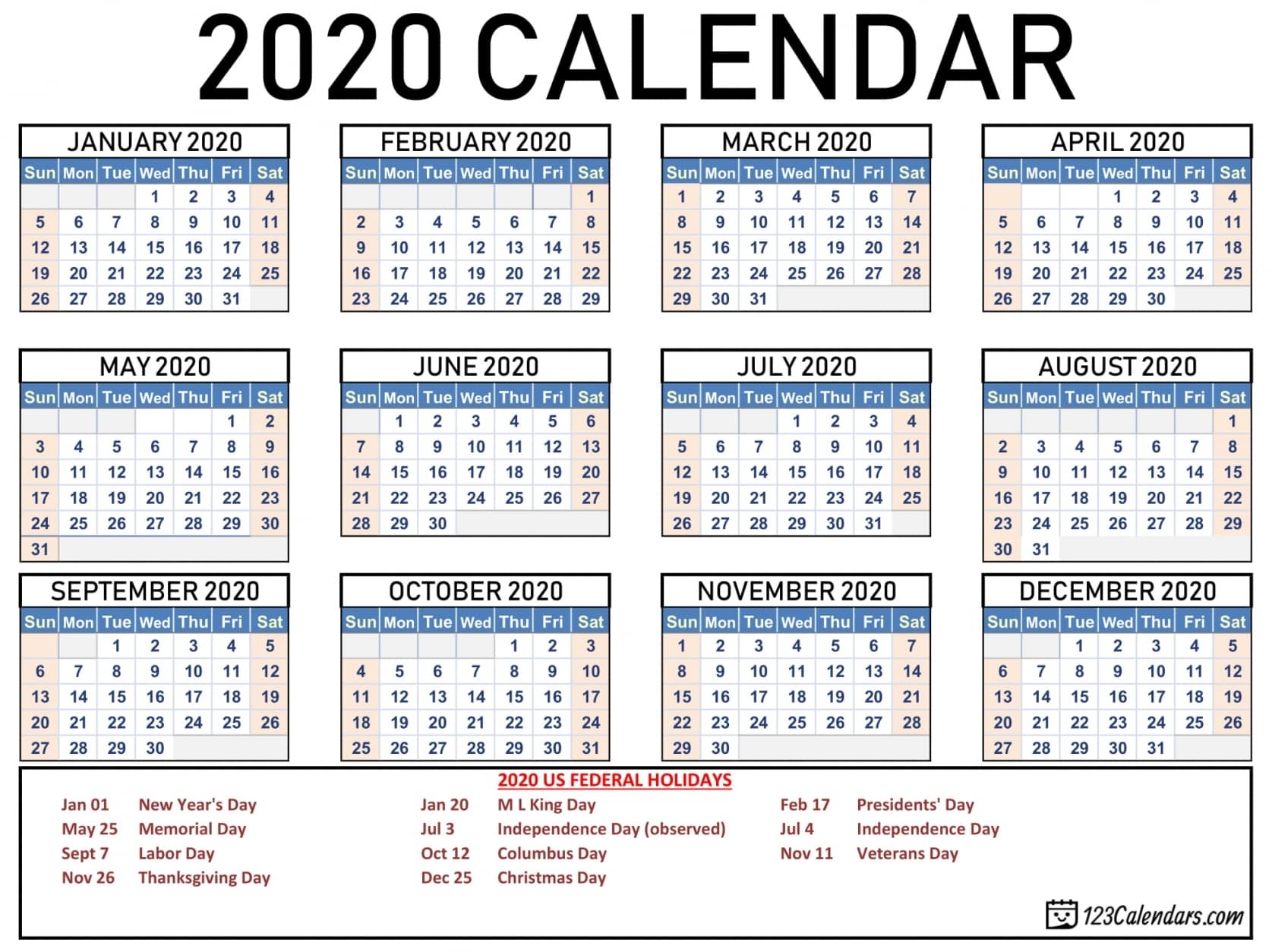 2020 Calendar Holidays Printable