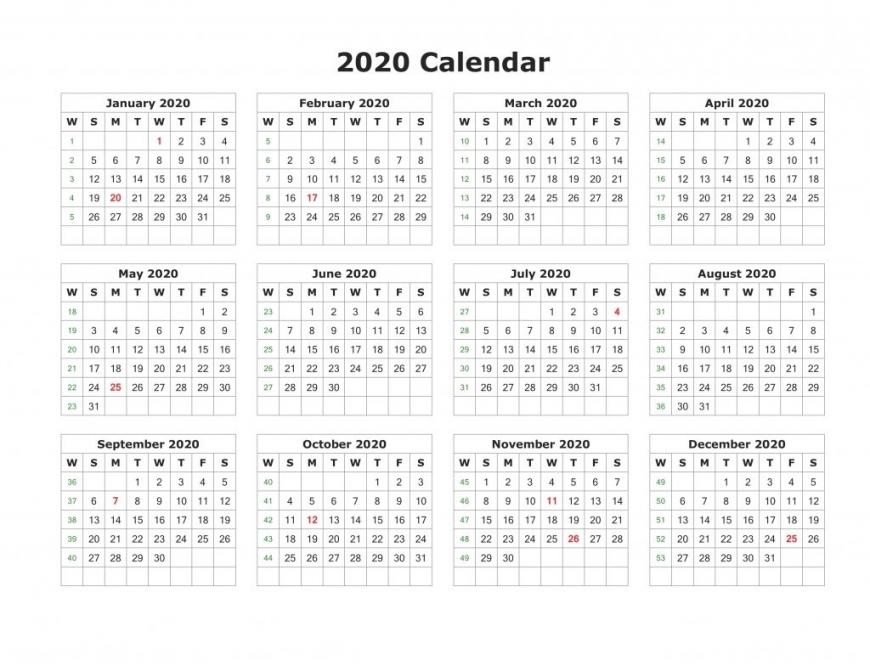 Free Printable 2020 Calendar – One Page Template