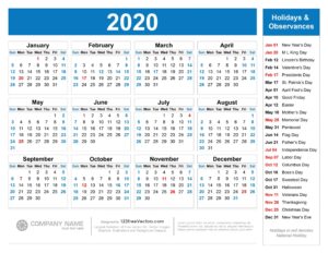 Free Printable 2020 Calendar With Holidays