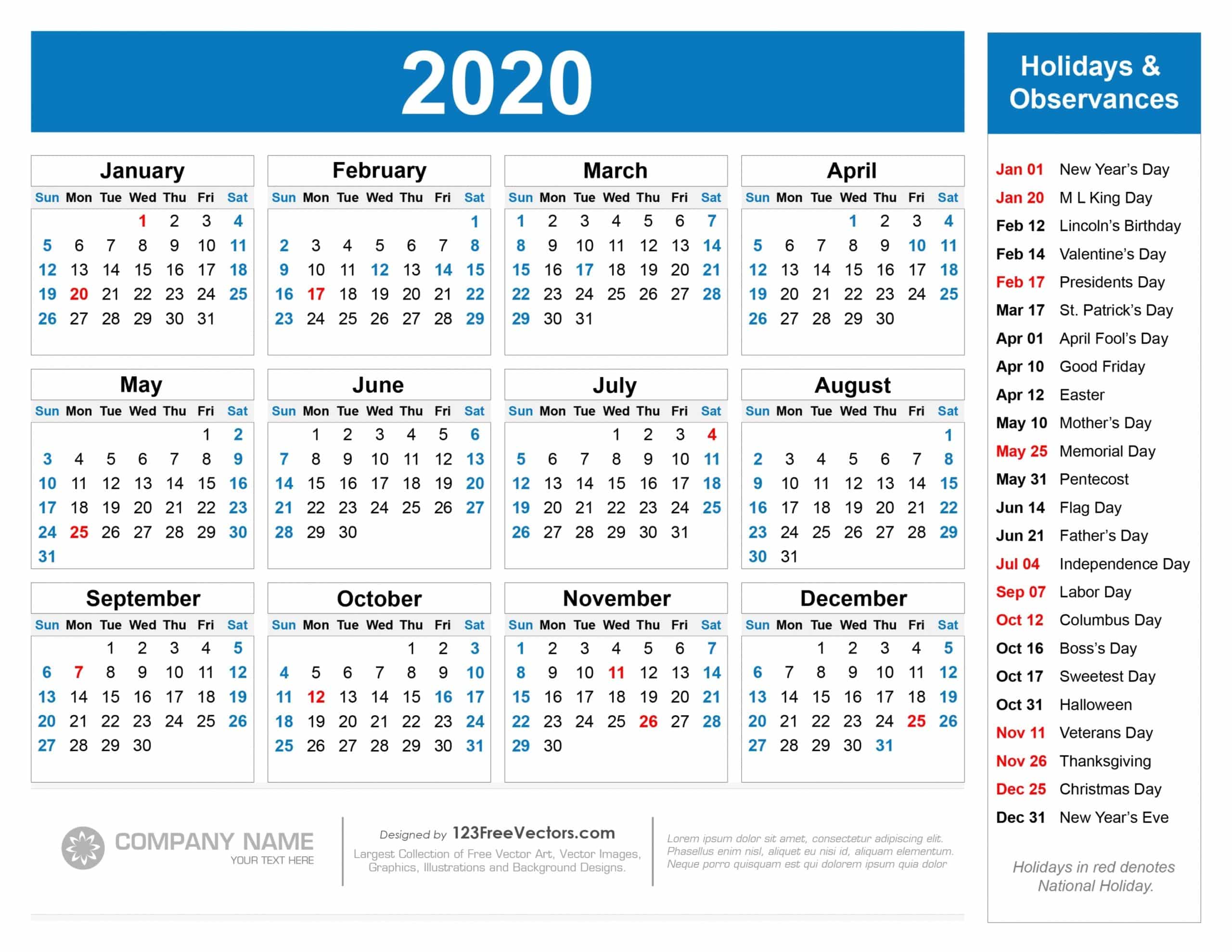 Free Printable 2020 Calendar With Holidays