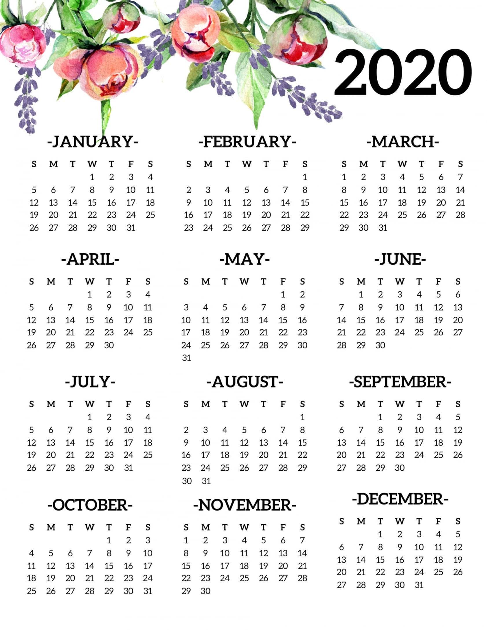 Yearly 2020 Calendar Printable Yearly 2020 Calendar Printable