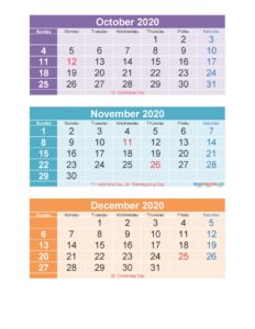 Free Printable 3 Month Calendar 2020 Oct Nov Dec Pdf, Excel