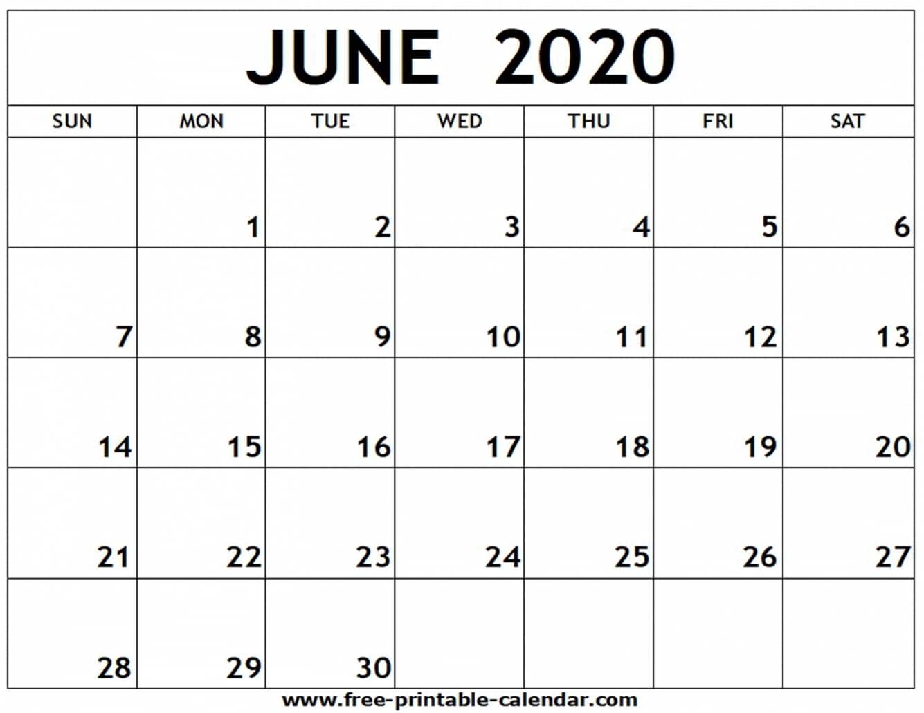 Free Printable June 2020 Calendar