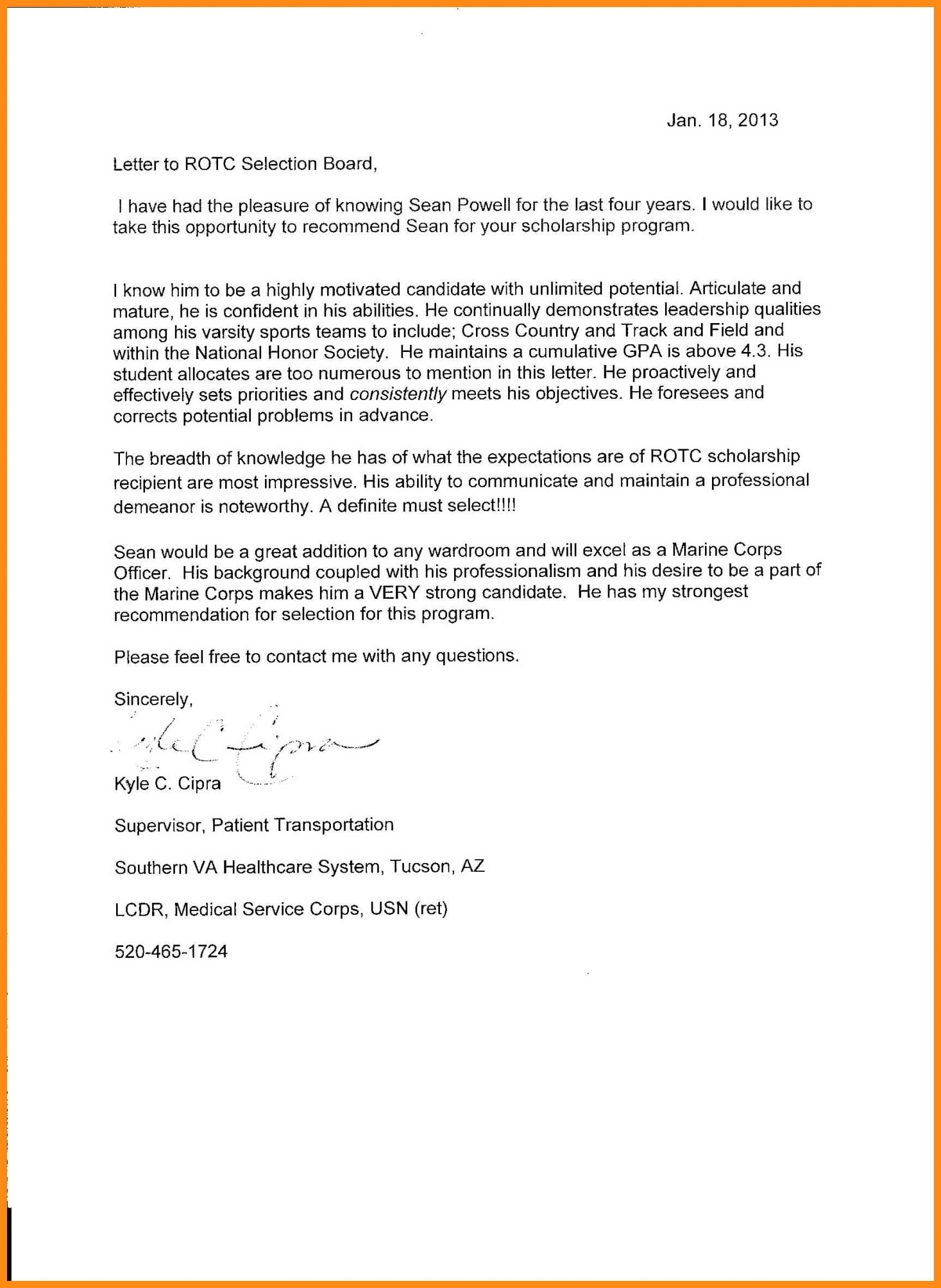 Army Ocs Letter Of Recommendation Example