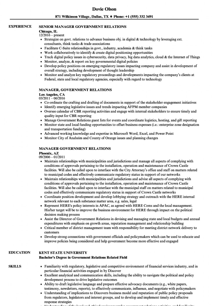 Manager, Government Relations Resume Samples | Velvet Jobs
