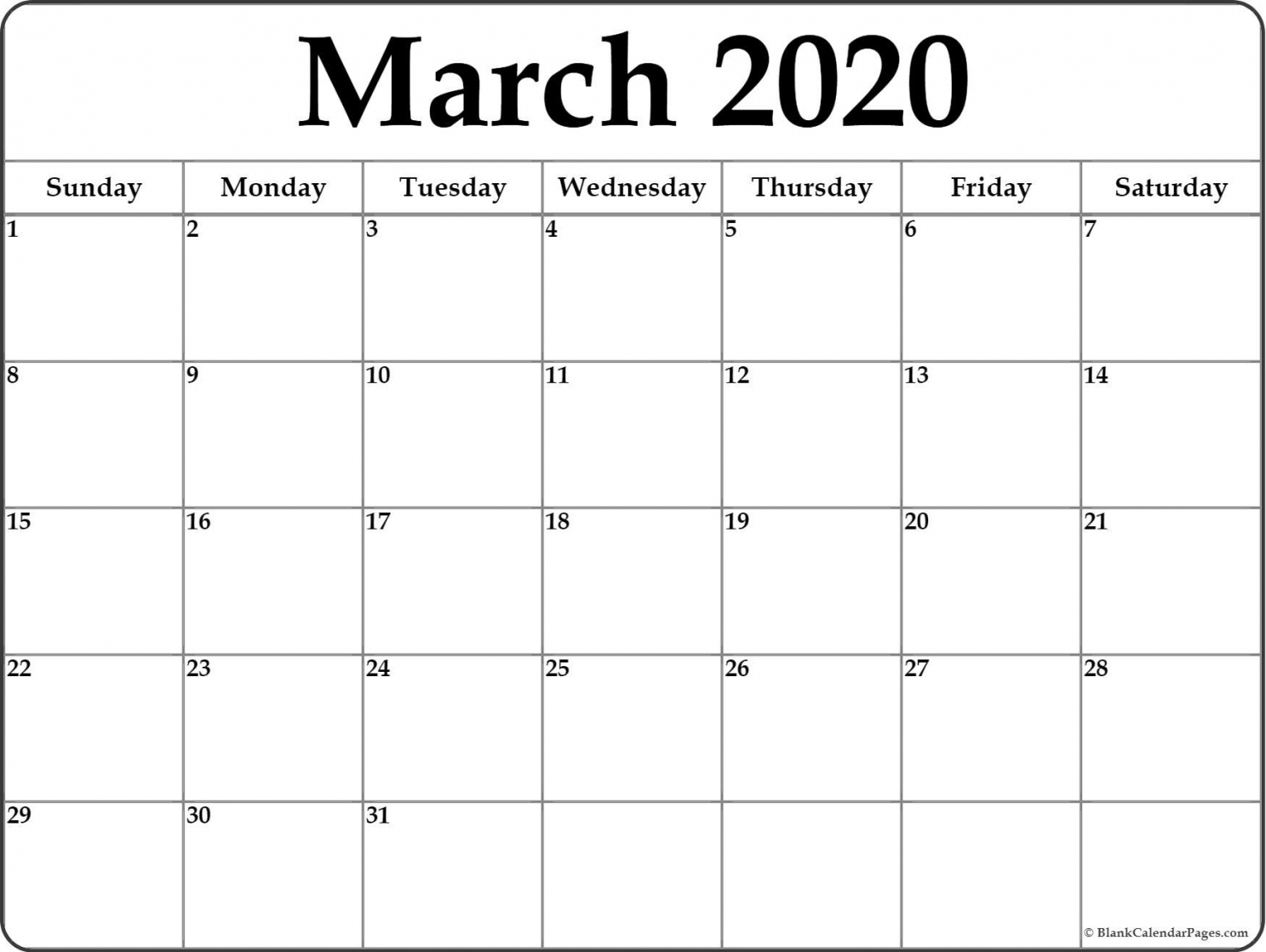2020 Calendar Blank Printable