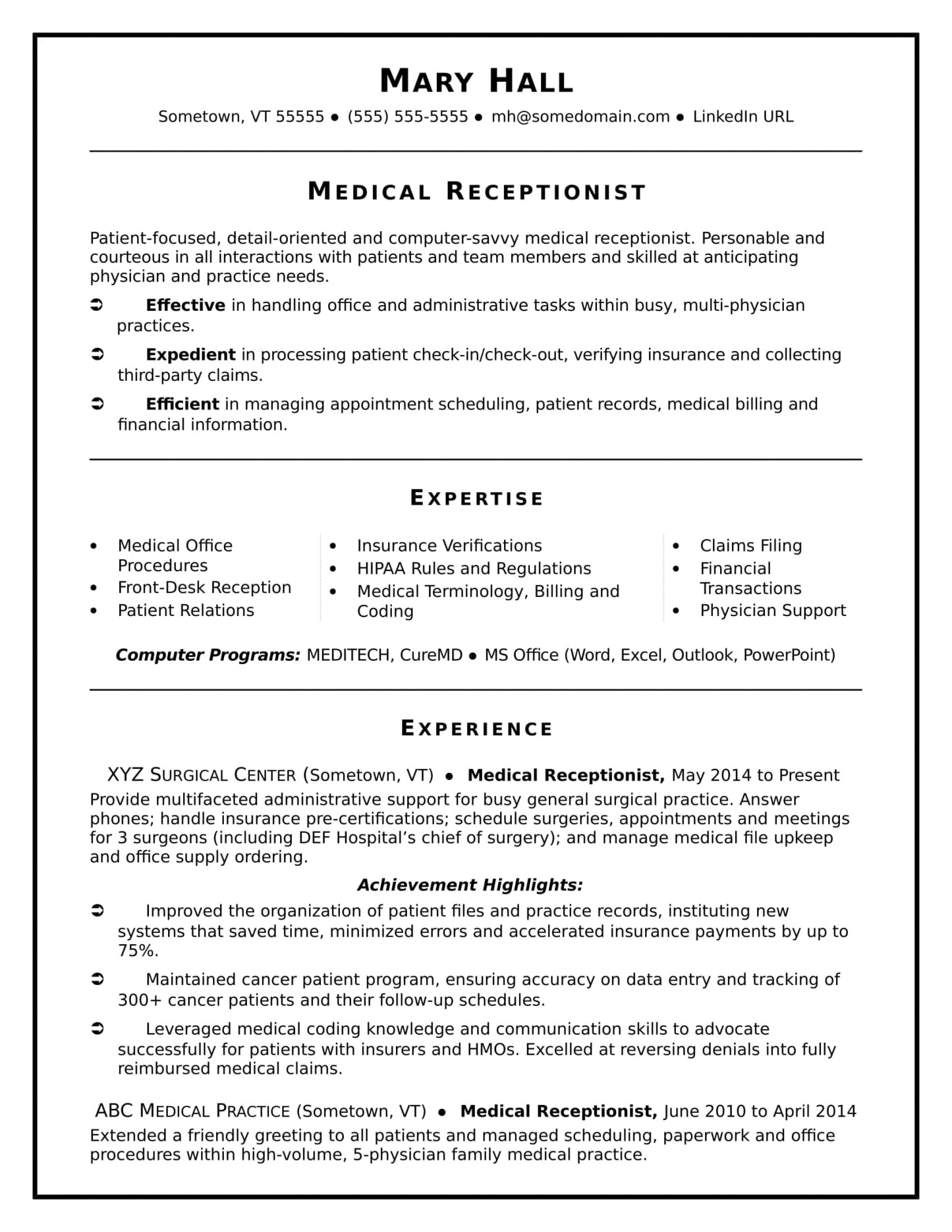 Reception Resume Examples