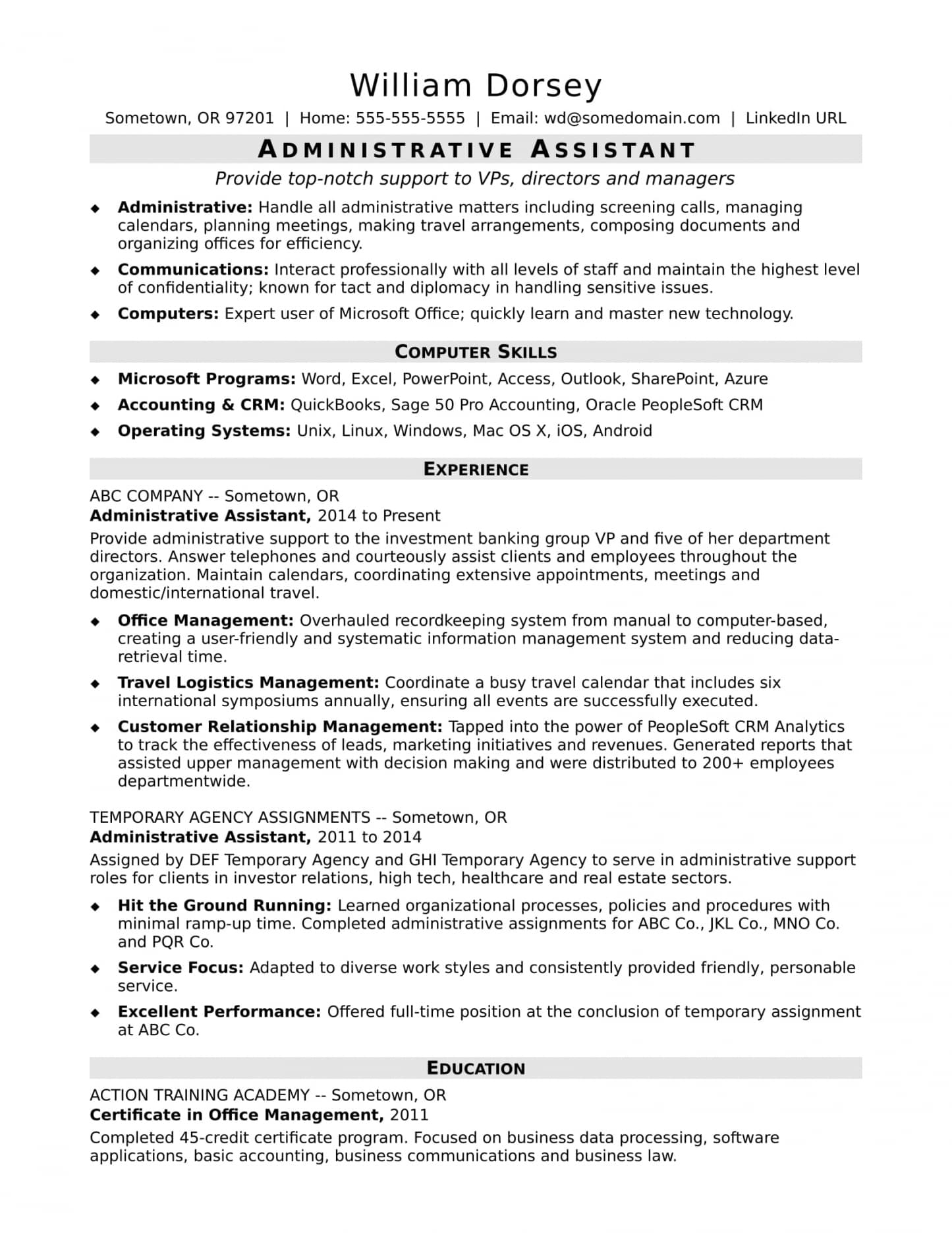 Resume Examples For Administrative Assistant