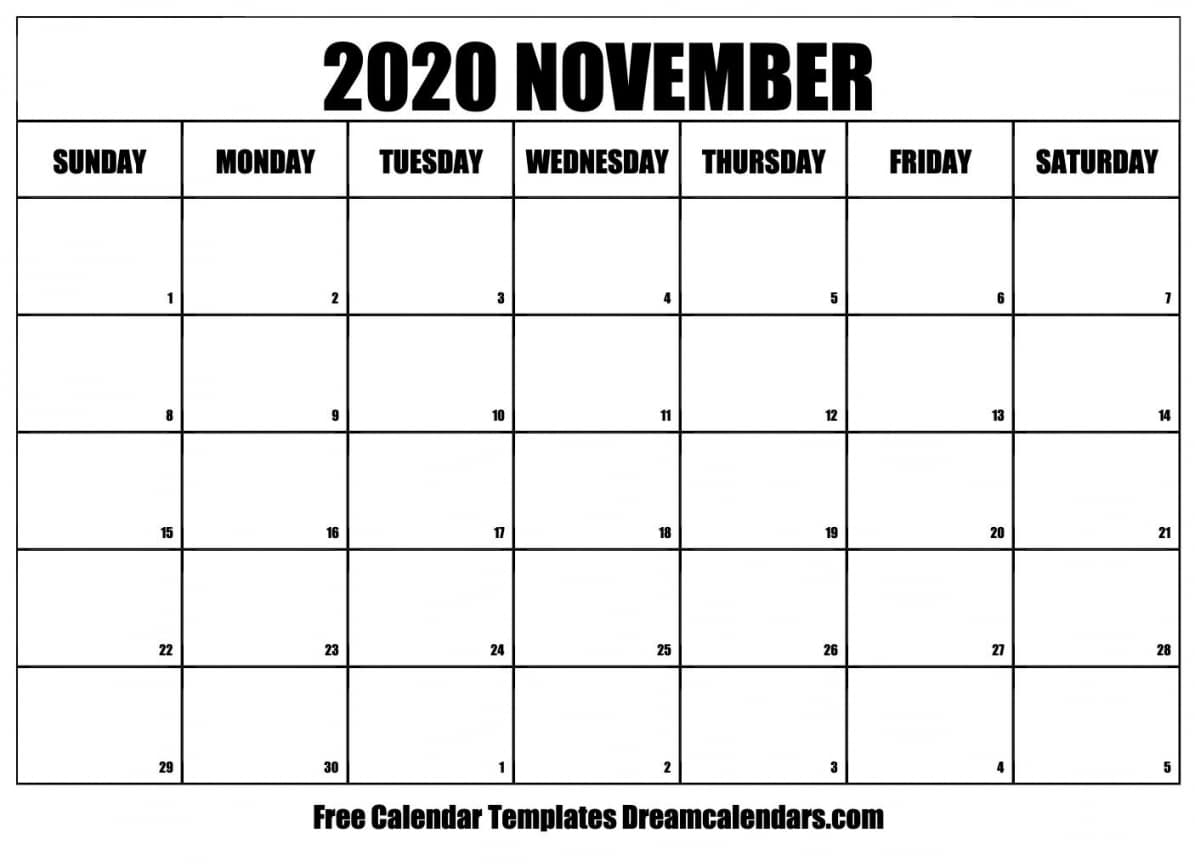 November 2020 Calendar Numbers Printable