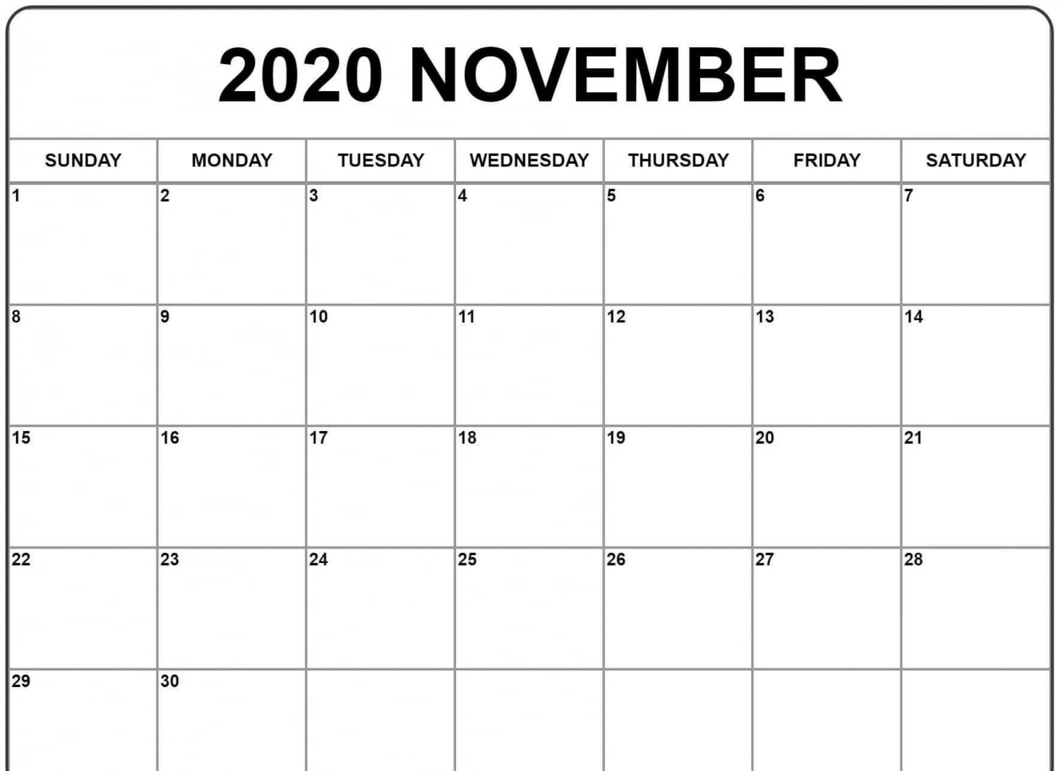 November 2020 Calendar Numbers Printable